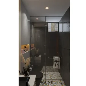 Simple, clean bathroom interior featuring a white toilet, pedestal sink with a chrome faucet, and a rectangular mirror with a chrome frame mounted above the sink. Text overlay: Houme India - Interior Design Ideas. B