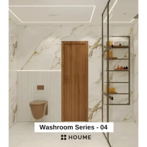 Simple, clean bathroom interior with a white toilet, pedestal sink with a chrome faucet, and a rectangular mirror with a chrome frame mounted above the sink. Text overlay: Houme India - Interior Design Ideas.