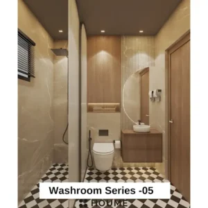 Simple, clean bathroom interior with a white toilet, pedestal sink with a chrome faucet, and a rectangular mirror with a chrome frame mounted above the sink. Text overlay: Houme India - Interior Design Ideas.
