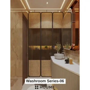 Simple bathroom interior featuring a white toilet, pedestal sink with a chrome faucet and a rectangular mirror with a chrome frame above the sink. Text overlay: Houme India - Interior Design Ideas.