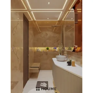 Simple bathroom interior featuring a white toilet, pedestal sink with a chrome faucet and a rectangular mirror with a chrome frame above the sink. Text overlay: Houme India - Interior Design Ideas. D