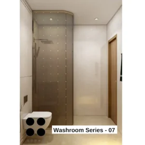 Simple bathroom interior featuring a white toilet, pedestal sink with a chrome faucet, and a rectangular mirror with a chrome frame above the sink. Text overlay: Houme India - Interior Design Ideas.