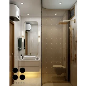 Simple bathroom interior featuring a white toilet, pedestal sink with a chrome faucet, and a rectangular mirror with a chrome frame above the sink. Text overlay: Houme India - Interior Design Ideas. B