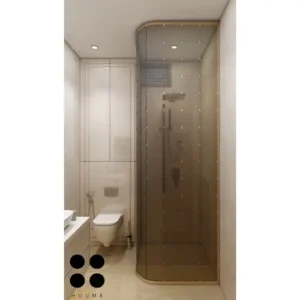 Simple bathroom interior featuring a white toilet, pedestal sink with a chrome faucet, and a rectangular mirror with a chrome frame above the sink. Text overlay: Houme India - Interior Design Ideas. C