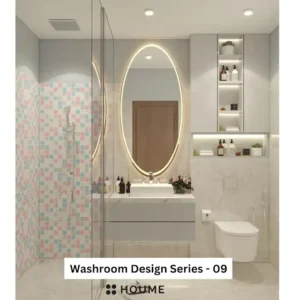 Simple bathroom interior featuring a white toilet, sink with a chrome faucet, and a rectangular mirror with a chrome frame above the sink. Text overlay: Houme India - Interior Design Ideas.