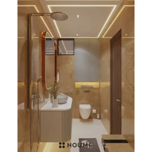Simple bathroom interior featuring a white toilet, pedestal sink with a chrome faucet and a rectangular mirror with a chrome frame above the sink. Text overlay: Houme India - Interior Design Ideas. B