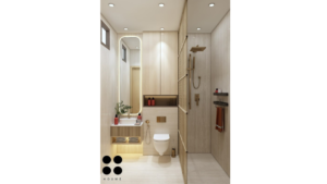 A close-up photo of a modern kitchen faucet with a brushed gold finish and a single, curved handle. The faucet is mounted on a white farmhouse sink with a soap dispenser in a matching brushed gold finish. B