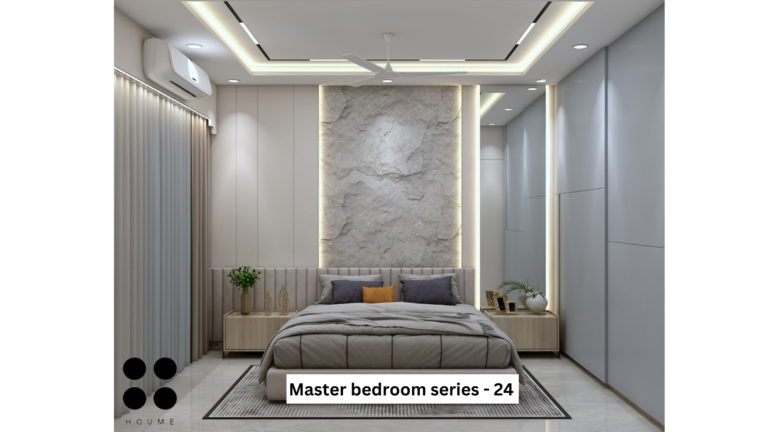 Modern master bedroom design with a textured stone accent wall, recessed lighting, and a neutral color palette.