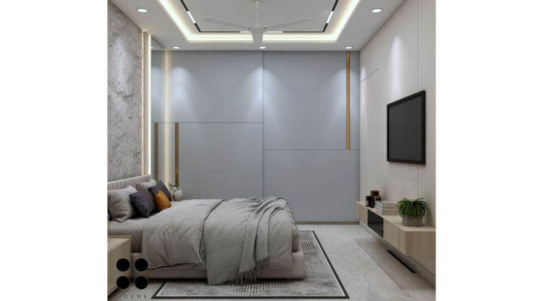 Modern master bedroom design with a textured stone accent wall, recessed lighting, and a neutral color palette. B