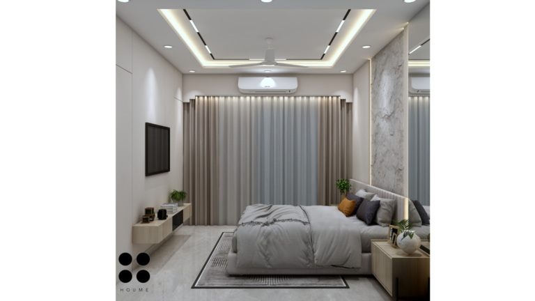 Modern master bedroom design with a textured stone accent wall, recessed lighting, and a neutral color palette. C