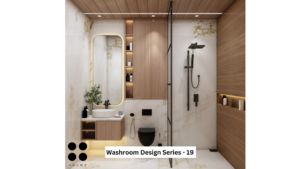 Modern minimalist washroom design with wood accents, a floating vanity, and a black framed glass shower enclosure.