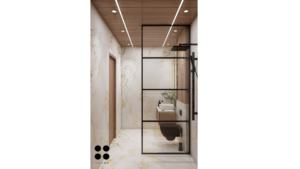 Modern minimalist washroom design with wood accents, a floating vanity, and a black framed glass shower enclosure. B