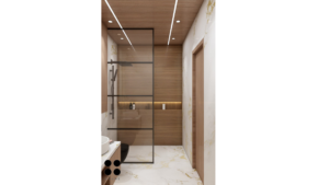Modern minimalist washroom design with wood accents, a floating vanity, and a black framed glass shower enclosure. C