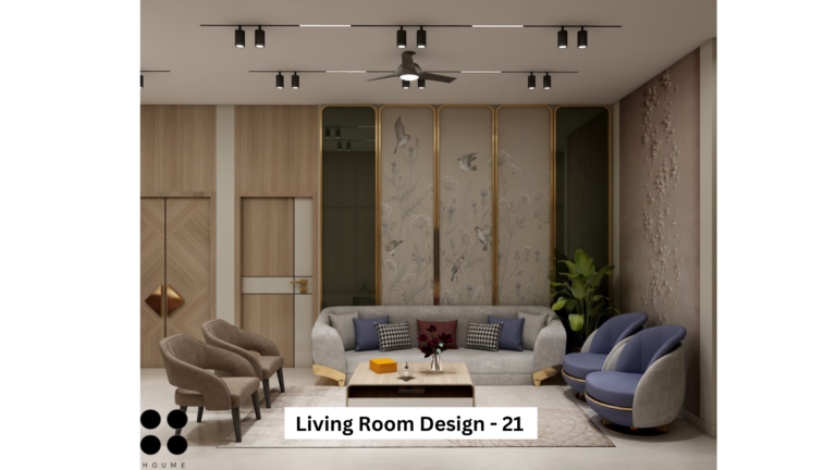 A modern living room with a touch of Eastern elegance, featuring a plush grey sofa, unique bird-motif wall panels, and warm lighting.