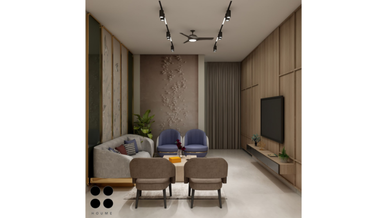 A modern living room with a touch of Eastern elegance, featuring a plush grey sofa, unique bird-motif wall panels, and warm lighting. B