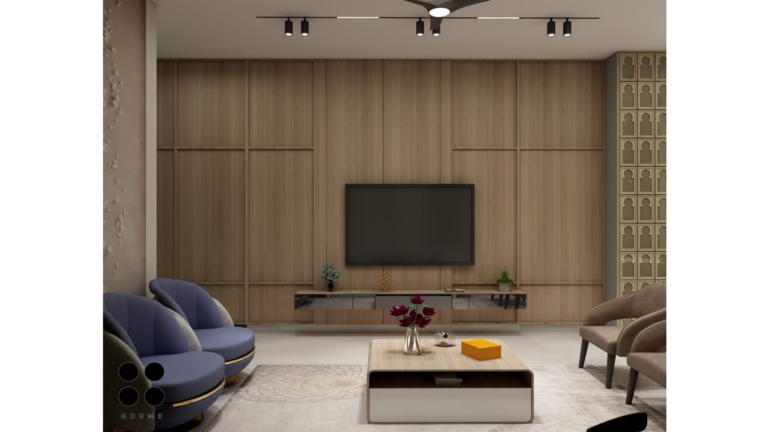 A modern living room with a touch of Eastern elegance, featuring a plush grey sofa, unique bird-motif wall panels, and warm lighting. C
