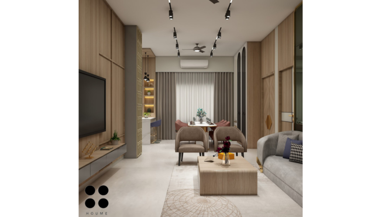 A modern living room with a touch of Eastern elegance, featuring a plush grey sofa, unique bird-motif wall panels, and warm lighting. D