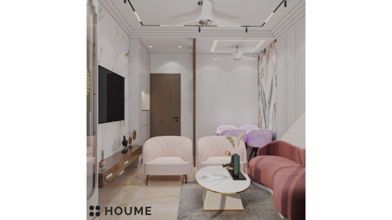 A modern living room with soft pink armchairs, a burgundy velvet sofa, white wall paneling, and a floral accent wall. B