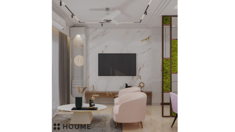 A modern living room with soft pink armchairs, a burgundy velvet sofa, white wall paneling, and a floral accent wall. C