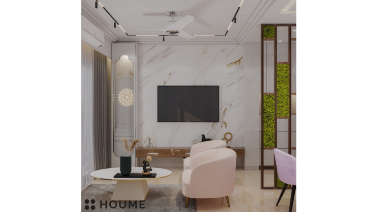 A modern living room with soft pink armchairs, a burgundy velvet sofa, white wall paneling, and a floral accent wall. D