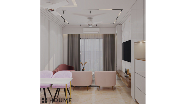 A modern living room with soft pink armchairs, a burgundy velvet sofa, white wall paneling, and a floral accent wall. E