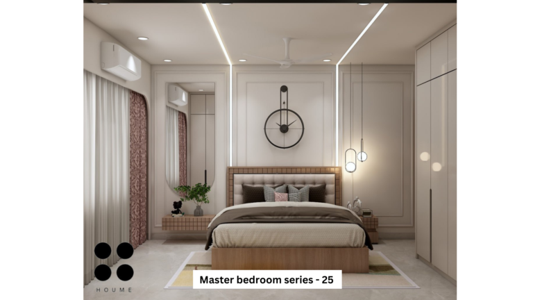 A modern master bedroom design with a neutral color palette, a cushioned headboard, a large wall clock, and pendant lighting.