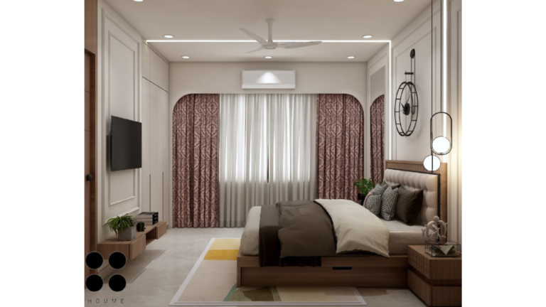 A modern master bedroom design with a neutral color palette, a cushioned headboard, a large wall clock, and pendant lighting. B