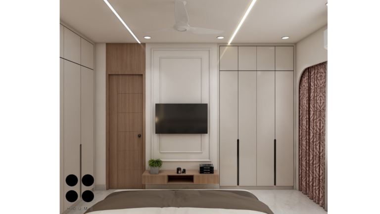 A modern master bedroom design with a neutral color palette, a cushioned headboard, a large wall clock, and pendant lighting. C
