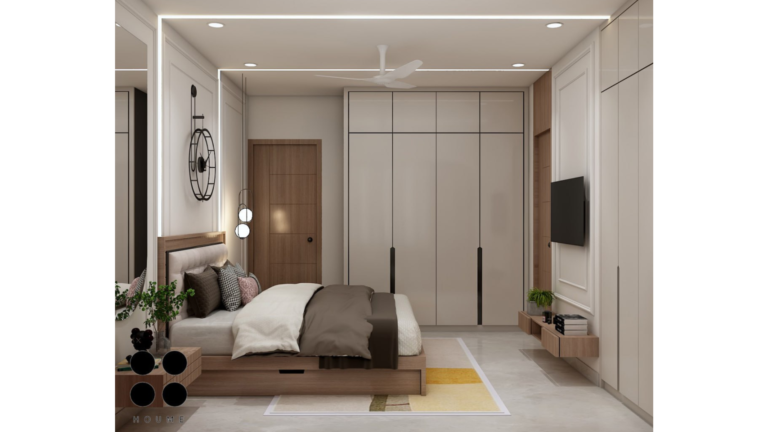 A modern master bedroom design with a neutral color palette, a cushioned headboard, a large wall clock, and pendant lighting. D