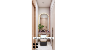 A modern walk-in closet design with a pink vanity, a large oval mirror, and built-in wardrobes.