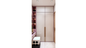 A modern walk-in closet design with a pink vanity, a large oval mirror, and built-in wardrobes. B