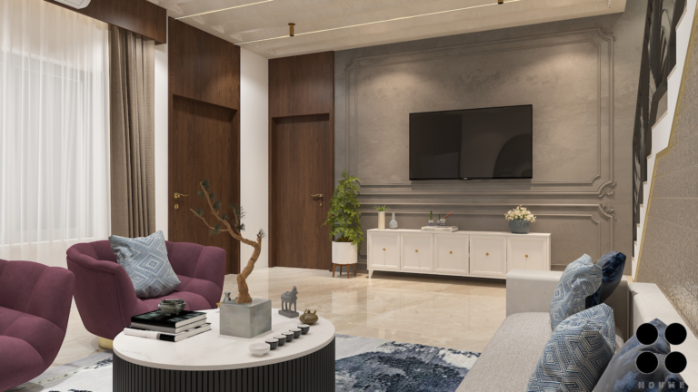A modern Indian living room with a textured accent wall, arched alcove showcasing a large round artwork, and plush seating in neutral and jewel tones. B