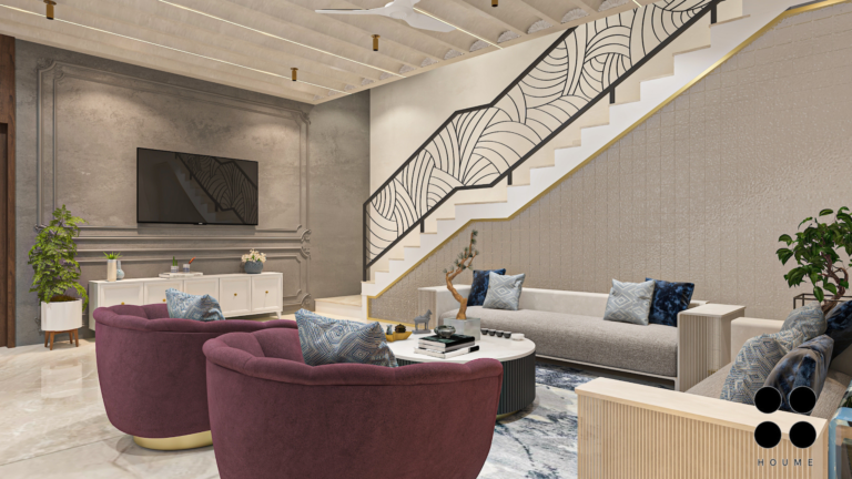 A modern Indian living room with a textured accent wall, arched alcove showcasing a large round artwork, and plush seating in neutral and jewel tones. C