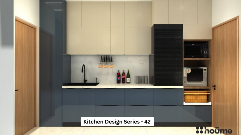 A modern kitchen design with sleek grey cabinets, a black accent wall, and built-in appliances.