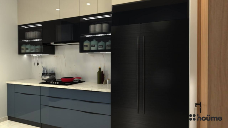 A modern kitchen design with sleek grey cabinets, a black accent wall, and built-in appliances. E