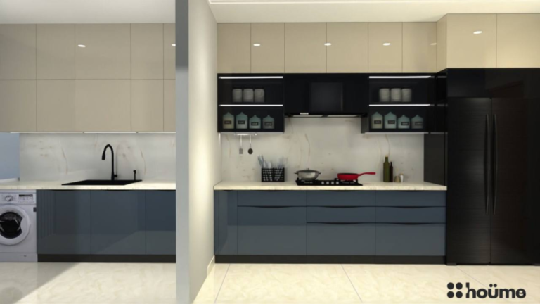 A modern kitchen design with sleek grey cabinets, a black accent wall, and built-in appliances. F