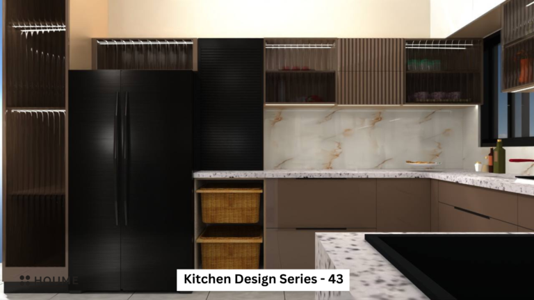 A photorealistic rendering of a modern kitchen design by Houme India. The kitchen features black and brown cabinets, a black refrigerator, and open shelving. The countertop is a light-colored marble, and the backsplash is a textured white tile.