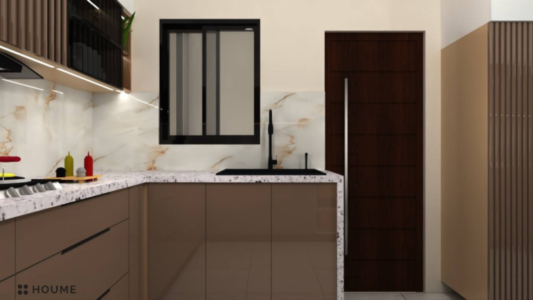 A photorealistic rendering of a modern kitchen design by Houme India. The kitchen features black and brown cabinets, a black refrigerator, and open shelving. The countertop is a light-colored marble, and the backsplash is a textured white tile. B