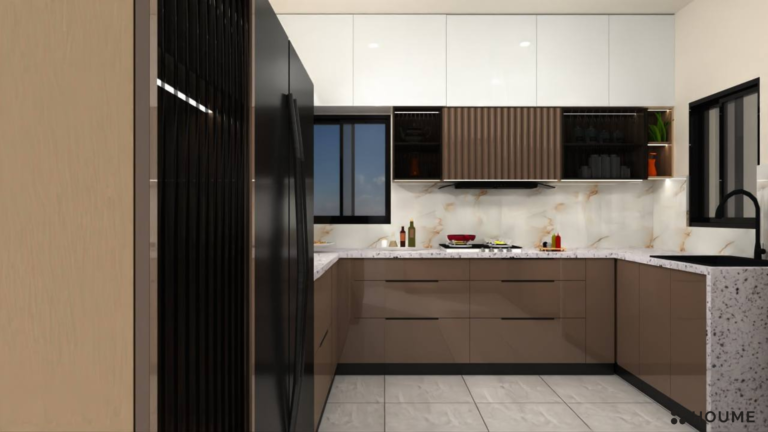 A photorealistic rendering of a modern kitchen design by Houme India. The kitchen features black and brown cabinets, a black refrigerator, and open shelving. The countertop is a light-colored marble, and the backsplash is a textured white tile. C