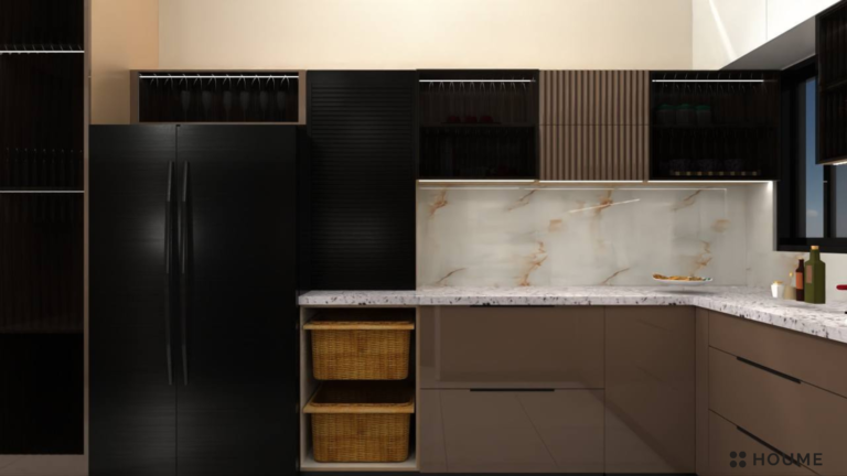 A photorealistic rendering of a modern kitchen design by Houme India. The kitchen features black and brown cabinets, a black refrigerator, and open shelving. The countertop is a light-colored marble, and the backsplash is a textured white tile. D