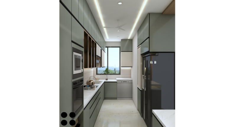 A photorealistic rendering of a modern kitchen design by Houme India. The kitchen features sage green cabinets with black trim, a sleek countertop, and glass-front cabinets. Integrated appliances and under-cabinet lighting complete the look. B