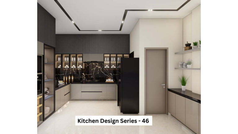 Modern Indian kitchen design with dark wood accent wall, light grey cabinets, and open shelves.