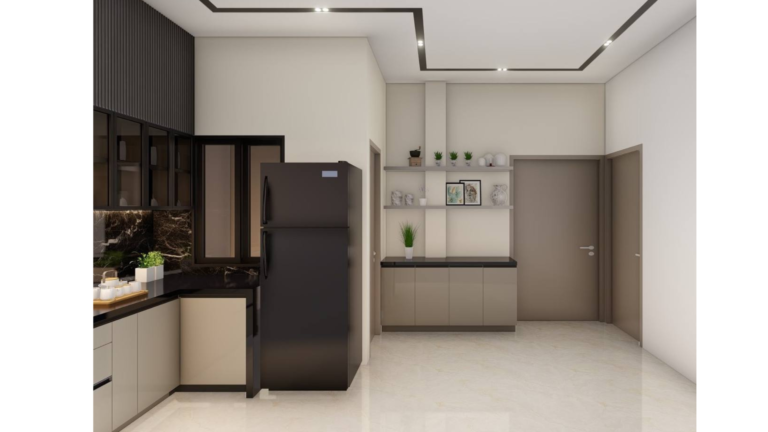 Modern Indian kitchen design with dark wood accent wall, light grey cabinets, and open shelves. B
