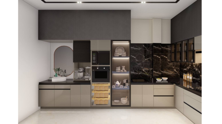 Modern Indian kitchen design with dark wood accent wall, light grey cabinets, and open shelves. C