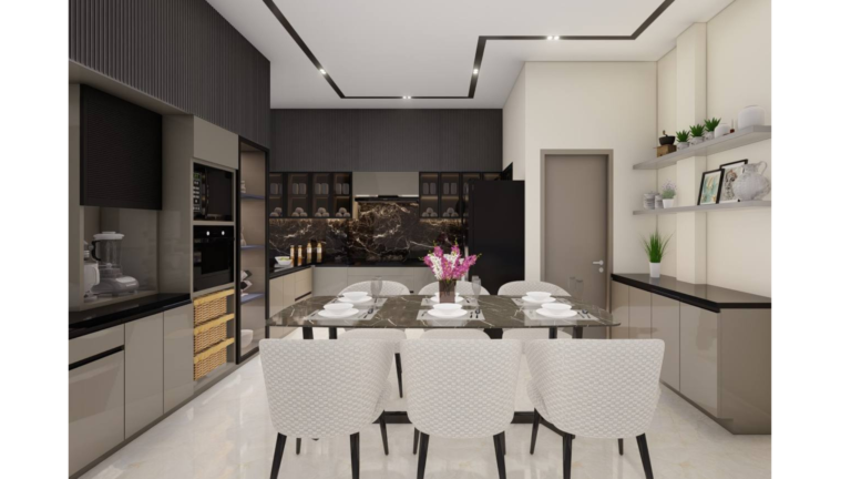 Modern Indian kitchen design with dark wood accent wall, light grey cabinets, and open shelves. D