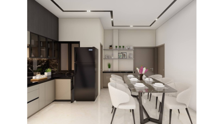 Modern Indian kitchen design with dark wood accent wall, light grey cabinets, and open shelves. E
