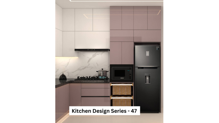 Modern Indian kitchen design featuring mauve-colored cabinets, black appliances, and marble accents.