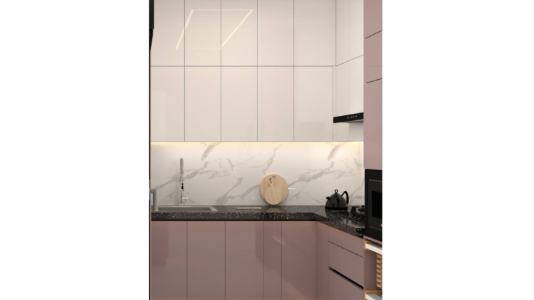 Modern Indian kitchen design featuring mauve-colored cabinets, black appliances, and marble accents. B