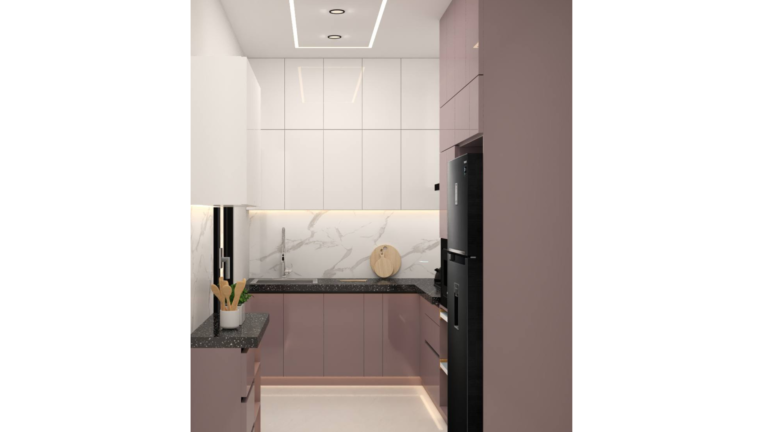 Modern Indian kitchen design featuring mauve-colored cabinets, black appliances, and marble accents. C