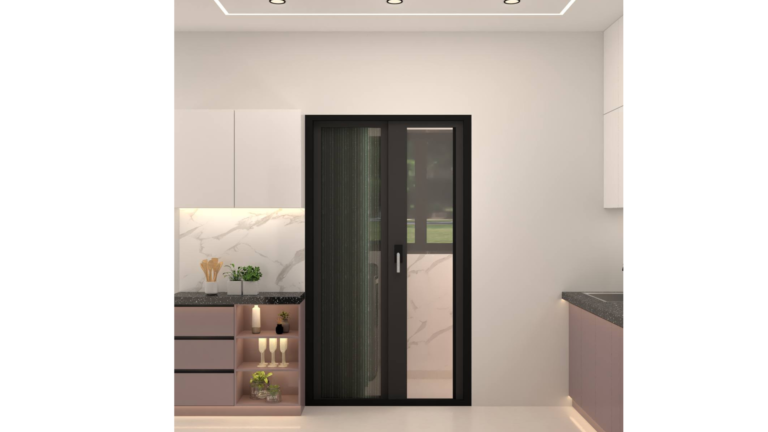 Modern Indian kitchen design featuring mauve-colored cabinets, black appliances, and marble accents. E